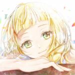  1girl bangs blonde_hair blurry blurry_background braid closed_mouth commentary_request eyelashes face fingernails green_eyes head_tilt lillie_(pokemon) long_hair looking_at_viewer pokemon pokemon_(game) pokemon_sm portrait sleeveless smile solo yomogi_(black-elf) 