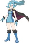  1girl blue_eyes blue_footwear blue_gloves blue_hair boots cape clair_(pokemon) gloves highres long_hair official_art pokemon pokemon_(game) pokemon_hgss tachi-e transparent_background 