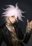  1boy akiko_141 bangs black_jacket broken broken_chain chain chained collar collarbone commentary_request cuffs dangan_ronpa_(series) dangan_ronpa_another_episode:_ultra_despair_girls hair_between_eyes hand_up handcuffs highres jacket komaeda_nagito long_sleeves looking_at_viewer male_focus open_clothes open_jacket red_nails shackles smile solo upper_body white_hair 