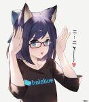  1girl :o absurdres animal_ears bangs black_shirt blue_bow blue_hair blush bow bunny_pose cat_ears collarbone eyebrows_visible_through_hair flat_chest glasses graphic_shirt hair_bow heart highres hololive jun_wei kemonomimi_mode logo looking_at_viewer open_hands open_mouth shirt signature solo t-shirt upper_body virtual_youtuber yuujin_a_(hololive) 