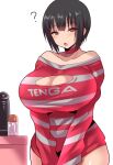  1girl ? bare_shoulders black_hair breasts brown_hair cleavage_cutout clothing_cutout commentary_request cowboy_shot highres huge_breasts konno_tohiro mole mole_under_eye off-shoulder_shirt off_shoulder original shirt short_hair simple_background solo v_arms white_background 