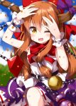  1girl blush chain commentary_request d; fang feet_out_of_frame highres ibuki_suika looking_at_viewer one_eye_closed open_mouth orange_eyes orange_hair ruu_(tksymkw) solo touhou 