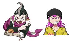  2boys :d bandaged_arm bandages bangs beanie black_hair black_headwear black_jacket braid clenched_teeth collarbone commentary_request cropped_torso dangan_ronpa_(series) dangan_ronpa_2:_goodbye_despair earrings furukawa_(yomawari) grey_eyes grey_hair hair_up hamster hat heterochromia highres jacket jewelry jumpsuit looking_at_viewer male_focus multicolored_hair multiple_boys open_mouth pink_eyes pink_hair purple_scarf red_eyes ring scarf sharp_teeth short_hair simple_background smile souda_kazuichi tanaka_gandamu teeth two-tone_hair white_background 