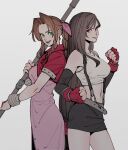  2girls aerith_gainsborough back-to-back black_hair black_skirt brown_hair clenched_hands crop_top cropped_jacket dress elbow_gloves final_fantasy final_fantasy_vii fingerless_gloves gloves highres jacket materia multiple_girls oimkimn pink_dress red_jacket simple_background skirt staff suspenders tank_top tifa_lockhart 