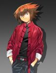  1boy 203wolves black_pants black_shirt brown_eyes brown_hair casual closed_mouth gradient gradient_background grey_background hands_in_pockets highres jacket long_sleeves looking_at_viewer male_focus medium_hair multicolored_hair open_clothes open_jacket pants red_jacket shadow shiny shiny_hair shirt signature solo spiky_hair two-tone_hair yu-gi-oh! yu-gi-oh!_gx yuuki_juudai 