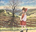 1girl ascot bangs bare_tree blush bow brown_eyes brown_hair bush closed_mouth clouds collared_shirt commentary_request crossed_legs detached_sleeves farm field frilled_bow frilled_shirt_collar frilled_skirt frills full_body hair_bow hair_tubes hakurei_reimu long_skirt looking_at_viewer mountainous_horizon outdoors own_hands_together path red_bow red_shirt ribbon-trimmed_sleeves ribbon_trim rice_paddy shadow shiratama_(hockey) shirt short_hair sidelocks skirt skirt_set sky sleeveless sleeveless_shirt smile solo tareme touhou traditional_media tree walking watson_cross yellow_neckwear 
