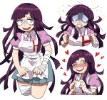  1girl :d apron bags_under_eyes bandaged_arm bandaged_hands bandaged_leg bandages bandaid bandaid_on_face bangs black_hair blush breasts clenched_hands commentary_request cropped_legs dangan_ronpa_(series) dangan_ronpa_2:_goodbye_despair flying_sweatdrops furukawa_(yomawari) grey_shirt heart highres large_breasts long_hair looking_at_viewer messy_hair multiple_views nurse open_mouth pink_shirt pleated_skirt puffy_short_sleeves puffy_sleeves purple_hair shaded_face shiny shiny_hair shirt short_sleeves simple_background skirt smile sweat teeth tsumiki_mikan white_apron white_background 