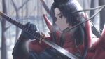 1girl armor bangs black_gloves black_hair blue_eyes blurry blurry_background commentary_request depth_of_field fate/grand_order fate_(series) faton from_side gloves highres holding holding_sword holding_weapon japanese_clothes katana long_hair open_mouth portrait solo sword upper_body ushiwakamaru_(avenger)_(fate) weapon 