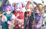  4girls :d animal_ears ayanami_(azur_lane) azur_lane bangs beret black_headwear black_ribbon blue_eyes blurry blurry_background blush brown_hair candy_apple closed_mouth commentary_request depth_of_field double_bun eyebrows_visible_through_hair floral_print food frilled_sleeves frills green_eyes green_kimono hair_between_eyes hair_ribbon hat headgear high_ponytail holding holding_food japanese_clothes javelin_(azur_lane) kimono kiyosato_0928 laffey_(azur_lane) long_hair long_sleeves multiple_girls obi omikuji open_clothes open_mouth pink_kimono ponytail print_kimono purple_hair purple_kimono rabbit_ears red_eyes red_scarf ribbon sash scarf sidelocks silver_hair sleeves_past_wrists smile sparkle wide_sleeves z23_(azur_lane) 