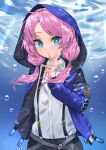  1girl :o air_bubble arknights bangs blue_eyes blue_jacket blue_poison_(arknights) blush bubble collared_shirt commentary_request eyebrows_visible_through_hair finger_to_mouth highres hood hood_up hooded_jacket jacket kuronosu_(yamada1230) long_sleeves looking_at_viewer low_twintails open_clothes open_jacket open_mouth pink_hair shirt solo suspenders swept_bangs twintails underwater upper_body white_shirt 