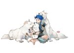  1boy 3others animal blue_hair bracelet child crossed_legs cu_chulainn_(fate)_(all) dog earrings fate/grand_order fate/grand_order_arcade fate_(series) guttia holding holding_animal jewelry long_hair long_sleeves multiple_others petting puppy red_eyes setanta_(fate) simple_background sitting white_background white_wolf wolf 
