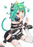  1girl :d animal_ear_fluff animal_ears animal_on_head bangs bare_shoulders bird black_dress black_footwear black_ribbon blue_hair blush breasts cat_ears cat_girl cat_tail chick commentary_request dress ear_ribbon eyebrows_visible_through_hair fang garter_straps gothic_lolita gradient_hair green_hair hand_up hololive kemonomimi_mode lolita_fashion long_hair looking_at_viewer multicolored_hair nail_polish off-shoulder_dress off_shoulder on_head open_mouth pink_nails pleated_dress red_eyes ribbon shoes simple_background sitting small_breasts smile solo syhan tail thigh-highs uruha_rushia virtual_youtuber wariza white_background white_legwear wrist_cuffs 
