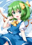  1girl :d blue_background commentary_request cowboy_shot daiyousei fairy_wings green_eyes green_hair highres looking_at_viewer one_side_up open_mouth ruu_(tksymkw) short_hair smile solo touhou wings 
