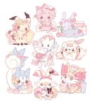 :&gt; bag bottle bow capelet cherry closed_mouth clothed_pokemon cup cushion envelope espurr fennekin food fruit gen_2_pokemon gen_4_pokemon gen_6_pokemon gen_7_pokemon gen_8_pokemon goomy hat hatted_pokemon highres holding looking_at_viewer maid_headdress mimikyu moco_font no_humans nurse_cap open_mouth pachirisu pink_bow pink_headwear poke_puff pokemon pokemon_(creature) saucer scorbunny shoulder_bag sleep_mask smile strawberry teacup teapot togedemaru togetic 