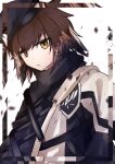  1girl arknights bangs beret black_headwear blush brown_hair closed_mouth commentary_request expressionless eyebrows_visible_through_hair hair_between_eyes hat highres looking_at_viewer multicolored_hair orange_eyes plume_(arknights) short_hair solo torikaze_ito two-tone_hair upper_body 