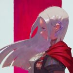  1girl biahnyang bird cape cravat eagle edelgard_von_hresvelg fire_emblem fire_emblem:_three_houses garreg_mach_monastery_uniform gloves hair_ornament hair_ribbon highres long_hair red_cape ribbon simple_background solo uniform violet_eyes white_hair 