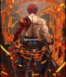  1boy back blurry depth_of_field emiya_shirou facing_away fate/grand_order fate_(series) fire from_behind holding holding_weapon igote kdm_(ke_dama) limited/zero_over male_focus pants redhead sengo_muramasa_(fate) shirtless solo standing sword toned toned_male weapon wristband 