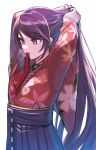  1girl adjusting_hair aoki_shizumi brown_eyes commentary_request eyebrows_visible_through_hair floral_print gundou_mirei highres japanese_clothes kimono long_hair mouth_hold nijisanji purple_hair simple_background solo upper_body very_long_hair white_background wide_sleeves 