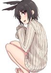  1girl bangs black_hair blush breasts elfenlied22 fate/grand_order fate_(series) head_wings highres legs long_sleeves looking_at_viewer open_mouth ortlinde_(fate) red_eyes ribbed_sweater short_hair simple_background squatting sweater turtleneck turtleneck_sweater valkyrie_(fate) white_background white_sweater 