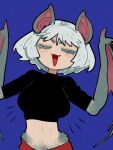  1girl :3 animal_ears bat_ears bat_girl bat_wings black_shirt blue_background breasts closed_eyes facing_viewer fangs grey_fur large_breasts monster_girl navel notice_lines original shirt short_sleeves simple_background smile smug solo sparrowl white_hair winged_arms wings 