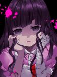  1girl apron bandaged_arm bandages bangs black_background black_hair blunt_bangs blush commentary_request dangan_ronpa_(series) dangan_ronpa_2:_goodbye_despair eyebrows_visible_through_hair face hair_ornament hands_in_hair hands_on_own_cheeks hands_on_own_face hands_up long_hair looking_at_viewer mole mole_under_eye open_mouth pink_blood pink_shirt puffy_short_sleeves puffy_sleeves shirt short_sleeves smile solo tsumiki_mikan upper_body white_apron yokogon 