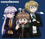  1girl 2boys ? adjusting_hair ahoge bangs blonde_hair blue_background breasts brown_hair clenched_teeth commentary_request copyright_name cropped_torso crossed_arms dangan_ronpa:_trigger_happy_havoc dangan_ronpa_(series) dress_shirt furukawa_(yomawari) glasses gloves green_eyes hair_ribbon highres hood hood_down jacket kirigiri_kyouko large_breasts long_hair long_sleeves multiple_boys naegi_makoto necktie open_clothes open_jacket orange_neckwear pointing pointing_at_self purple_hair ribbon semi-rimless_eyewear shiny shiny_hair shirt short_hair skirt teeth togami_byakuya violet_eyes 