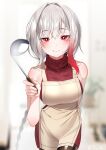  1girl absurdres apron bare_arms bare_shoulders blurry blurry_background blush breasts brown_apron brown_legwear character_request closed_mouth commentary_request counter_side depth_of_field gradient_hair hair_intakes highres holding korean_commentary ladle large_breasts licking_lips multicolored_hair pantyhose red_eyes red_sweater redhead ribbed_sweater silver_hair sleeveless sleeveless_sweater sleeveless_turtleneck smile solo sweater the_cold thighband_pantyhose tongue tongue_out turtleneck turtleneck_sweater 