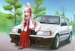  1girl :d animal_ear_fluff animal_ears bangs blush brown_footwear car commentary_request eyebrows_visible_through_hair flower folded_ponytail fox_ears fox_girl fox_tail ground_vehicle hair_between_eyes hair_flower hair_ornament hakama iroha_(iroha_matsurika) japanese_clothes kimono long_hair long_sleeves looking_at_viewer miko motor_vehicle open_mouth original purple_flower red_hakama sleeves_past_wrists smile socks solo tabi tail toyota_corolla_levin tree very_long_hair violet_eyes white_hair white_kimono white_legwear wide_sleeves zouri 