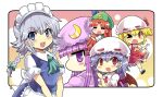  6+girls apron ascot bangs bat_wings beret blonde_hair blue_eyes blue_hair blunt_bangs braid chibi colonel_aki commentary_request crescent crescent_hair_ornament eyebrows_visible_through_hair flandre_scarlet hair_between_eyes hair_ornament hand_up hat hong_meiling izayoi_sakuya maid maid_apron maid_headdress mob_cap multiple_girls one_eye_closed patchouli_knowledge purple_hair red_eyes redhead remilia_scarlet short_hair short_sleeves sidelocks silver_hair star_(symbol) thumbs_up touhou twin_braids violet_eyes wings 