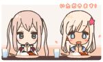  2girls :d blonde_hair blue_eyes chibi commentary_request cup curry flower food graf_zeppelin_(kantai_collection) hair_flower hair_ornament heart kantai_collection long_hair multiple_girls open_mouth ro-500_(kantai_collection) sailor_collar school_uniform serafuku smile swimsuit tan translation_request twintails uniform upper_body yoru_nai 