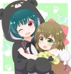  2girls :d ;d animal_costume animal_ears animal_hood araki495 bangs bear_costume bear_ears bear_hood blush bow brown_hair brown_vest commentary_request dress eyebrows_visible_through_hair fake_animal_ears fina_(kuma_kuma_kuma_bear) green_bow green_dress green_eyes green_hair hair_between_eyes hair_bow hand_puppet highres hood hood_up hug kuma_kuma_kuma_bear multiple_girls off-shoulder_dress off_shoulder one_eye_closed open_mouth pink_bow puffy_short_sleeves puffy_sleeves puppet red_eyes short_sleeves smile vest yuna_(kuma_kuma_kuma_bear) 