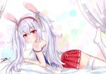  1girl animal_ears azur_lane bangs bed bed_sheet commentary_request curtains eyebrows_visible_through_hair eyes_visible_through_hair fake_animal_ears from_side head_tilt laffey_(azur_lane) long_hair looking_at_viewer looking_to_the_side lying m_ko_(maxft2) on_stomach pleated_skirt rabbit_ears red_eyes red_skirt sidelocks signature skirt solo thighs twintails white_hair white_legwear 