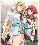  2girls absurdres apron blonde_hair breasts highres jewelry kurokaze_no_sora large_breasts long_hair mythra_(xenoblade) pyra_(xenoblade) red_eyes redhead short_hair skindentation thighs xenoblade_chronicles_(series) xenoblade_chronicles_2 yellow_eyes 