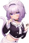  1girl ahoge animal_ears black_collar black_hairband black_serafuku cat_ears cat_tail collar commentary_request eringikinono eyebrows_visible_through_hair food hairband hand_up highres holding holding_food hololive long_sleeves midriff nekomata_okayu onigiri purple_hair rice sailor_collar school_uniform serafuku short_hair simple_background solo tail violet_eyes virtual_youtuber white_background white_neckwear white_sailor_collar 