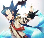  1boy bangs black_gloves blue_cape blue_hair cape coin commentary_request epaulettes gen_3_pokemon glint gloves grey_eyes grimsley_(pokemon) hair_between_eyes highres holding holding_coin looking_at_viewer male_focus mega_pokemon mega_sharpedo momoji_(lobolobo2010) necktie parted_lips partially_fingerless_gloves pokemon pokemon_(creature) pokemon_(game) pokemon_masters_ex red_neckwear sharpedo shirt sleeves_rolled_up smile spiky_hair suspenders water water_drop 