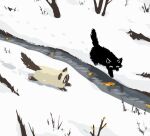  avogado6 black_cat cat commentary_request footprints grass leaf no_humans original river snow tree 