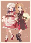  2girls :d alcremie alcremie_(strawberry_sweet) apron artist_name baking_sheet black_hair box brown_background brown_dress closed_mouth commentary_request hikari_(pokemon) dress eyelashes gen_5_pokemon gen_8_pokemon gift gift_box grey_eyes hair_ornament hairclip hat highres holding light_brown_hair long_hair long_sleeves looking_at_viewer loose_socks multiple_girls open_mouth oven_mitts pokemon pokemon_(creature) pokemon_(game) pokemon_masters_ex red_dress red_footwear red_mittens ribbed_legwear serena_(pokemon) shoes smile tongue whimsicott white_headwear yairo_(sik_s4) 