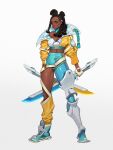  1girl absurdres aqua_pants asymmetrical_pants black_eyes black_hair cornrows dark_skin dark-skinned_female dual_wielding earrings full_body gradient gradient_background highres holding holding_sword holding_weapon jewelry long_hair looking_at_viewer original oskar_vega solo standing sword weapon white_background 