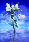  1boy 1other animal asymmetrical_hair blue_hair blue_sky bodysuit_under_clothes braid braided_ponytail capelet child closed_eyes clouds cloudy_sky cu_chulainn_(fate)_(all) dog earrings fate/grand_order fate/grand_order_arcade fate_(series) holding holding_staff iz_izhara jewelry jumping leg_warmers long_hair long_sleeves open_mouth outdoors puffy_pants puppy reflection sandals scabbard setanta_(fate) sheath shooting_star signature skin_tight sky staff 