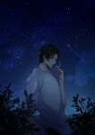 1boy absurdres akai_shuuichi bangs between_fingers black_hair blurry_foreground chitose_(chitose_70207) cigarette closed_mouth commentary green_eyes hand_in_pocket hand_up highres holding holding_cigarette horizon looking_at_viewer male_focus meitantei_conan meteor_shower night night_sky outdoors pants plant shirt shooting_star short_hair short_sleeves sky smile smoke solo standing star_(sky) starry_sky white_shirt 