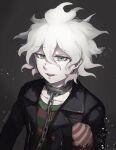  1boy artist_name bangs black_jacket chain collar collarbone commentary_request dangan_ronpa_(series) dangan_ronpa_another_episode:_ultra_despair_girls grey_background grey_hair hair_between_eyes highres jacket komaeda_nagito looking_at_viewer male_focus messy_hair metal_collar mittens official_alternate_costume open_clothes open_jacket open_mouth pale_skin shirt smile solo spiked_collar spikes striped striped_shirt tetose upper_body upper_teeth white_hair 