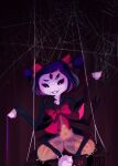  1girl black_eyes black_hair bluumi collaboration commentary cup english_commentary extra_arms extra_eyes fangs highres holding holding_cup insect_girl muffet robobebo short_hair short_twintails signature silk spider_girl spider_web striped striped_background teacup teapot twintails undertale 