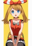  1girl black_legwear blue_eyes border brown_hair collarbone eyebrows_visible_through_hair hairband highres looking_at_viewer may_(pokemon) open_mouth pantyhose pokemon pokemon_(game) pokemon_oras red_hairband short_hair simple_background sleeveless solo white_border yellow_background yuihico 