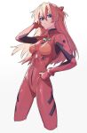  1girl arm_up bangs blue_eyes bodysuit breasts brown_hair closed_mouth commentary_request eyebrows_visible_through_hair gloves hair_between_eyes hair_ornament hand_in_hair hand_on_hip highres itou_(very_ito) long_hair looking_at_viewer medium_breasts neon_genesis_evangelion orange_hair pilot_suit plugsuit red_bodysuit red_gloves simple_background solo souryuu_asuka_langley standing turtleneck two_side_up white_background 