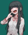 1girl black_hair blood bloody_clothes blue_eyes broken_tooth collared_shirt commission eyebrows_visible_through_hair fangs finger_to_mouth green_background hand_up highres index_finger_raised long_hair long_sleeves looking_at_viewer original shirt simple_background solo sparrowl tongue upper_body vampire wing_collar 