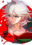  1boy absurdres ahoge bangs closed_mouth collarbone commentary_request cropped_shoulders dangan_ronpa_(series) dangan_ronpa_2:_goodbye_despair dated grey_eyes grey_hair hair_between_eyes happy_birthday highres jacket jijiji_(j_raku) komaeda_nagito looking_at_viewer male_focus medium_hair messy_hair red_background redhead shiny shiny_hair shirt short_hair smile solo upper_body white_background 