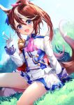  1girl 40_(0f0urw) :d absurdres animal_ears ascot bangs black_gloves blue_eyes blush bow brown_hair commentary_request day epaulettes eyebrows_visible_through_hair gloves grass hair_between_eyes hair_bow highres horse_ears horse_girl horse_tail jacket long_hair long_sleeves miniskirt mismatched_gloves multicolored_hair open_mouth pink_bow pink_neckwear pleated_skirt ponytail single_epaulette sitting skirt sky smile solo streaked_hair tail tail_raised thighs tokai_teio_(umamusume) two-tone_hair umamusume white_gloves white_hair white_jacket white_skirt 