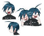  1boy :d ^^^ ahoge bangs blush closed_eyes commentary_request dangan_ronpa_(series) dangan_ronpa_v3:_killing_harmony double-breasted embarrassed english_commentary expressions flying_sweatdrops furukawa_(yomawari) gakuran green_hair male_focus multiple_views open_mouth saihara_shuuichi school_uniform scratching_cheek shiny shiny_hair simple_background smile striped_jacket sweat upper_body upper_teeth white_background 