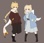  1boy 1girl :o aether_(genshin_impact) ahoge animal_ears bangs bear_boy bear_ears bear_girl bear_tail black_footwear black_shorts blonde_hair blue_flower blue_jacket blush boots braid brother_and_sister brown_eyes brown_jacket closed_mouth dress eyebrows_behind_hair flower genshin_impact glowing grey_background grey_dress hair_between_eyes hair_flower hair_ornament hands_in_pockets hands_on_hips highres hood hood_down hooded_jacket jacket kemonomimi_mode long_hair looking_at_viewer lumine_(genshin_impact) marimo_jh open_clothes open_jacket parted_lips scarf shorts siblings simple_background single_braid smile tail very_long_hair white_scarf 