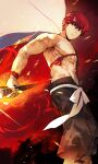  1boy biceps cape embers emiya_shirou fate/grand_order fate_(series) fire highres holding holding_weapon limited/zero_over male_focus muscular muscular_male nishiide_kengorou pectorals redhead sengo_muramasa_(fate) shirtless solo weapon white_cape wristband yellow_eyes 